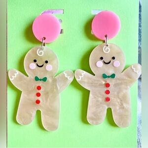 New Pink Christmas Gingerbread Man Retro 80s Style Acrylic Earrings - 2.5”